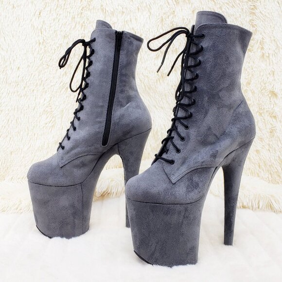 Flamingo 1020FS Gray Vegan Suede 8" High Heel Platform Ankle Boots - Picture 8 of 11